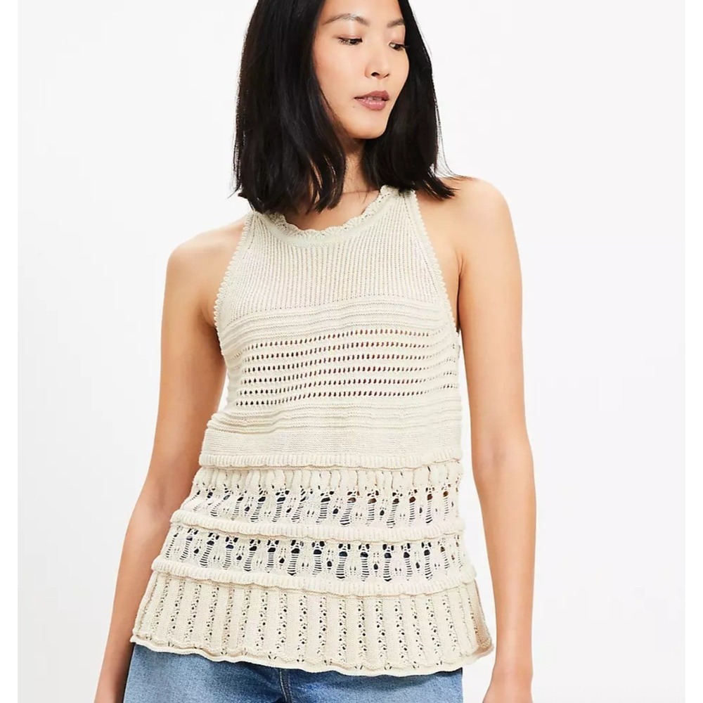 LOFT‎ Textured Pointelle Swingy Sweater Tank Top Festival Crochet Cream Medium